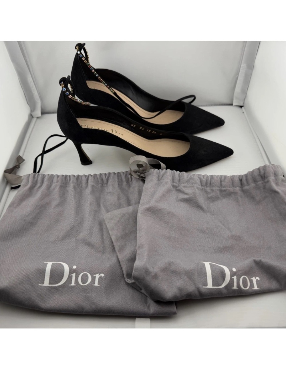 Dior Multi Crystal Diorly Rhinestone Ankle Strap Black Suede Heels Kitten 36 D